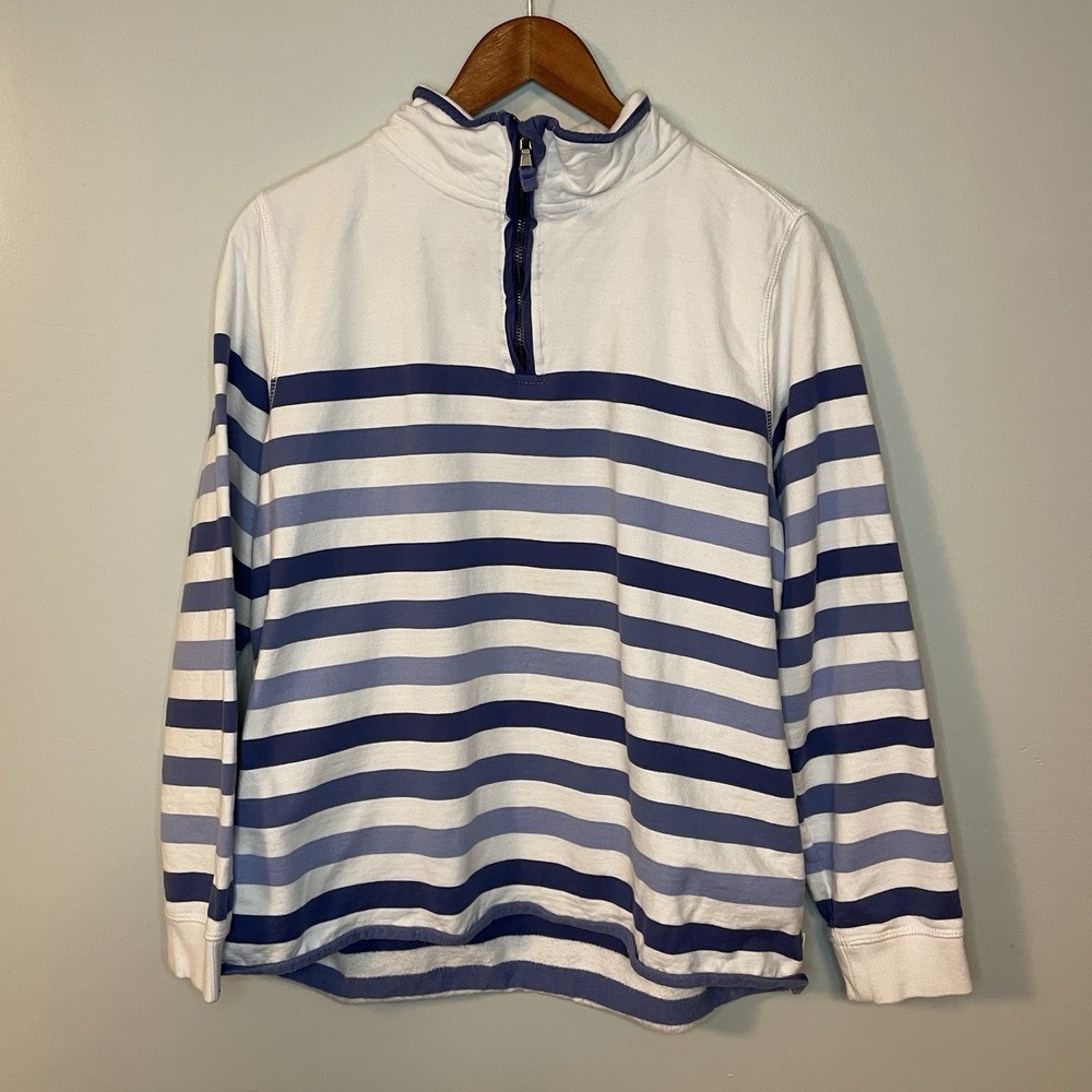 Woolovers Organic Cotton Half Zip Sweatshirt Jumper White Blue Striped Large